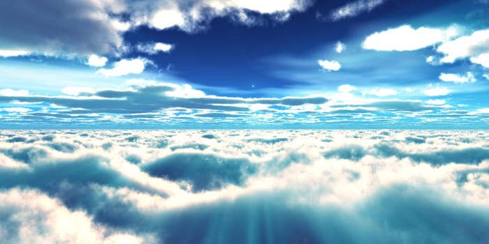 above clouds fly sunset sun ray illustration, 3d render