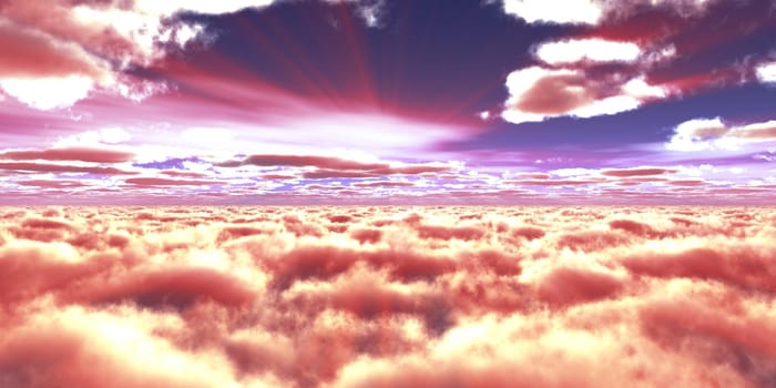 above clouds fly sunset sun ray illustration, 3d render