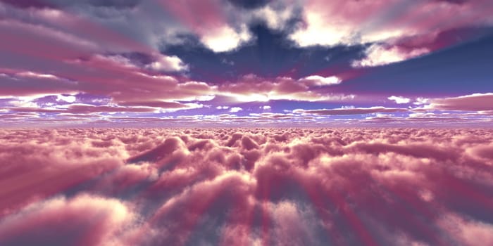 above clouds fly sunset sun ray illustration, 3d render