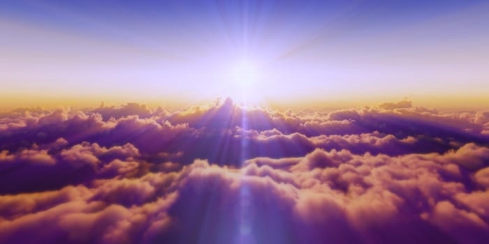 Beautiful aerial view above clouds with sunset. 3d illustration