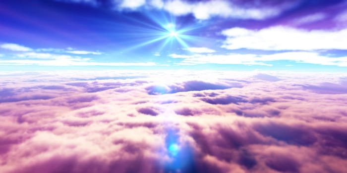 above clouds fly sunset sun ray illustration, 3d render