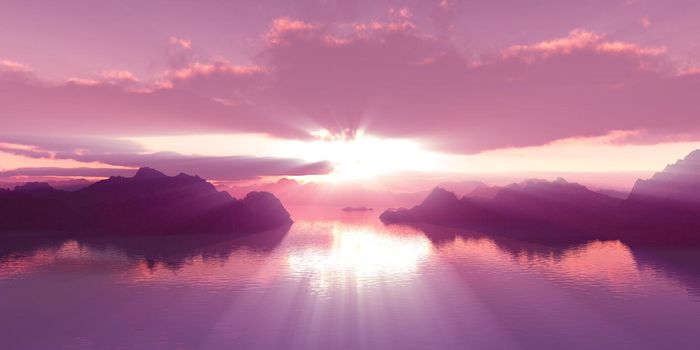 above islands in sea sunset, illustration 3d rendering