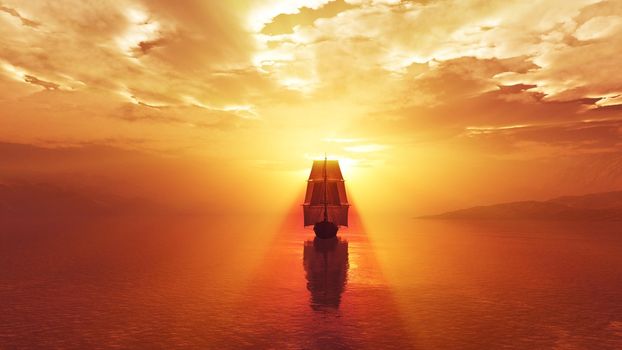 old ship at sea sunset, 3d render illustration