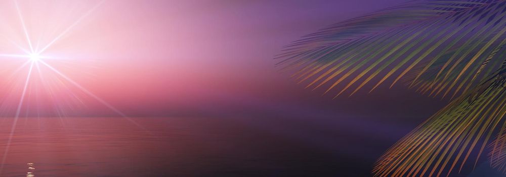 sunset sea palm landscape illustration, 3d render