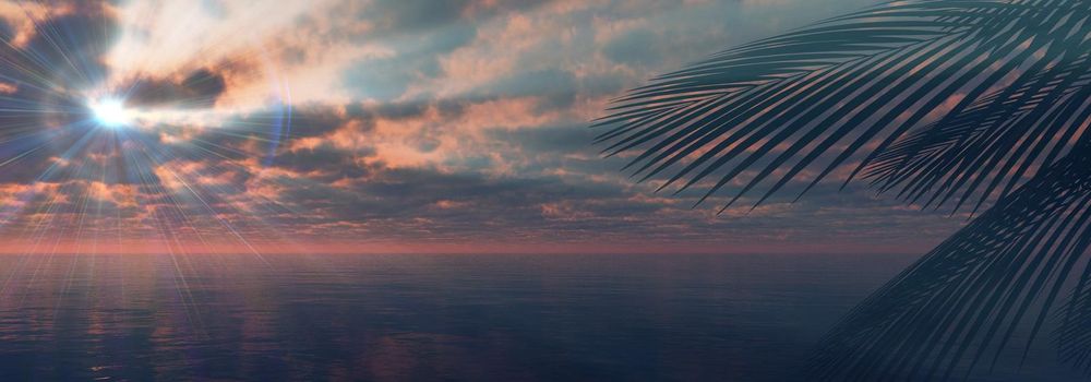 sunset sea palm landscape illustration, 3d render