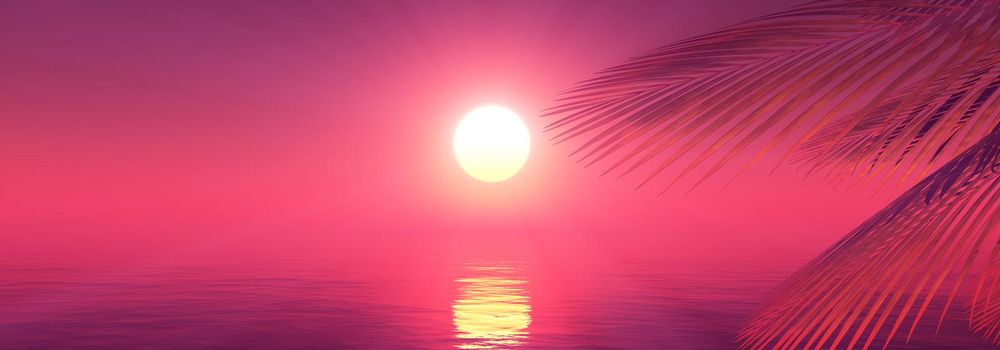 sunset sea palm landscape illustration, 3d render