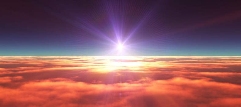 above clouds fly sunset sun ray illustration, 3d render