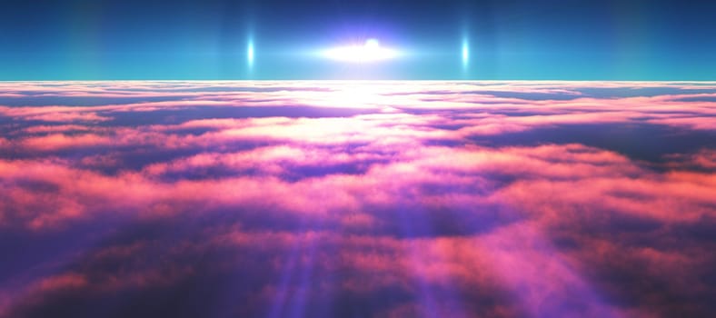 above clouds fly sunset sun ray illustration, 3d render