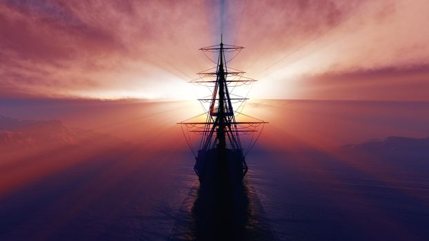 old ship sunset at sea illustration 3d rendering