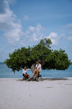 Eagle Beach Aruba, Divi Dive Trees on the shoreline of Eagle Beach in Aruba, couple man and woman watchin sunset on the beach of Aruba