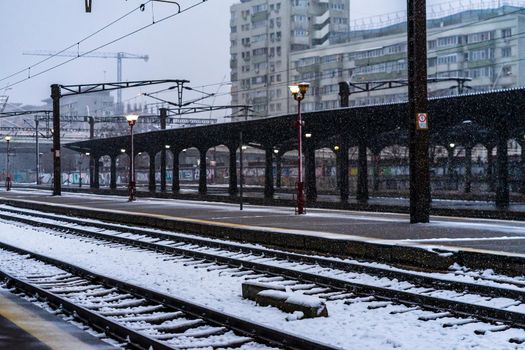 Northern Railway Station (Gara de Nord) during a cold and snowy day in Bucharest, Romania, 2021