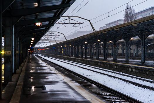 Northern Railway Station (Gara de Nord) during a cold and snowy day in Bucharest, Romania, 2021