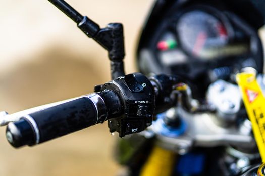 Detail of black motorcycle. Honda Hornet motorcycle detail photo in Bucharest, Romania, 2021