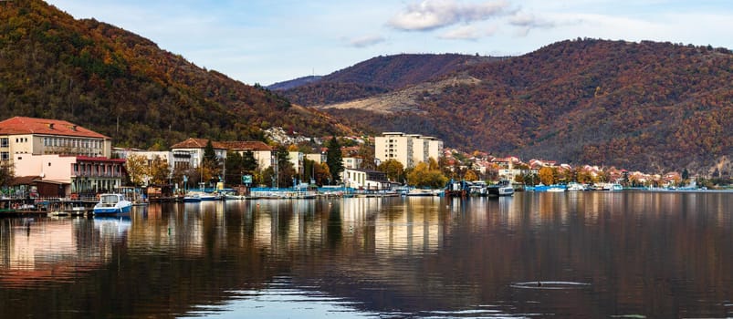 View of Danube river and Orsova city, waterfront view. Orsova, Romania, 2020