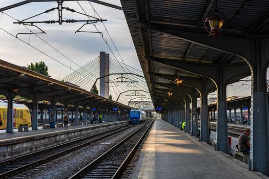 Changes and complications caused by coronavirus COVID-19 virus, world without crowds, empty train platform. No commuters, no travelers at the North Railway Station in Bucharest, Romania, 2020