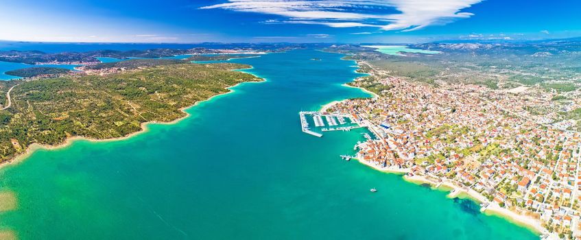 Adriatic town of Pirovac and Murter island panoramic aerial view, Dalmatia region of Croatia