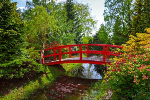 Red bridge and spring colors in garden
