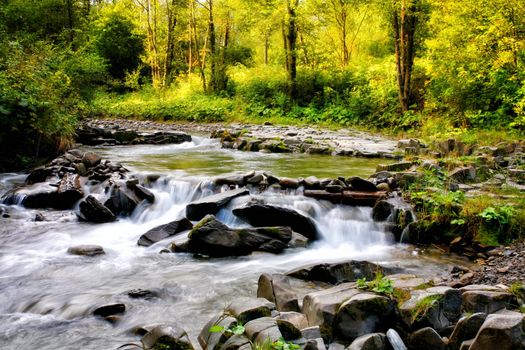 Colors of summer mountain stream at sunset