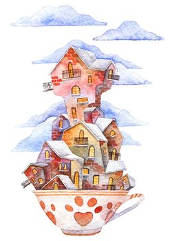 Watercolor illustration of cute little houses in a coffee mug with a footprint. White background with clouds.