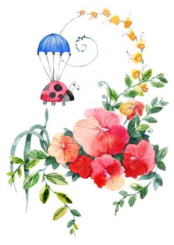 Cute illustration of flowers bouquet and ladybug flying on parachute. Design for greeting card. Drawing by watercolor.