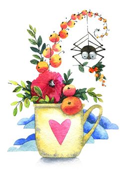 Cute illustration of flowers bouquet in coffee cup with heart print and funny spider hanging on cobweb. Design for greeting card. Drawing by watercolor.