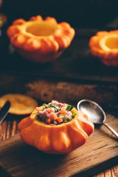 Yellow pattypan squash filled with ground beef and vegetables