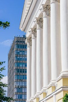 Front of Old Buildig with Columns and Skyscrapper on Background. Alexander Butlerov Chemistry Institute of Kazan University, Russia.