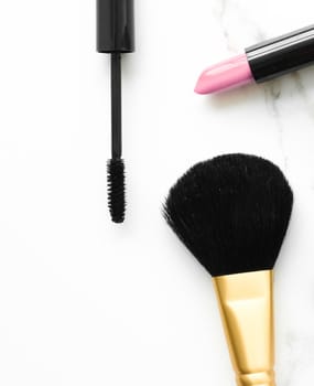 Make-up and cosmetics products on marble, flatlay background - modern feminine lifestyle, beauty blog and fashion inspiration concept