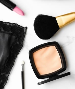 Make-up and cosmetics products on marble, flatlay background - modern feminine lifestyle, beauty blog and fashion inspiration concept