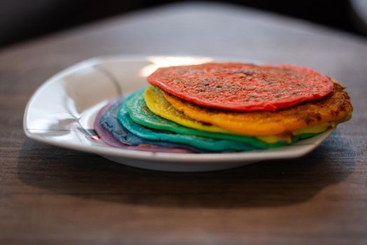 Dish With A Stack Of Rainbow Coloured Pancakes