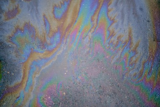 A circular rainbow gasoline stain on the asphalt.