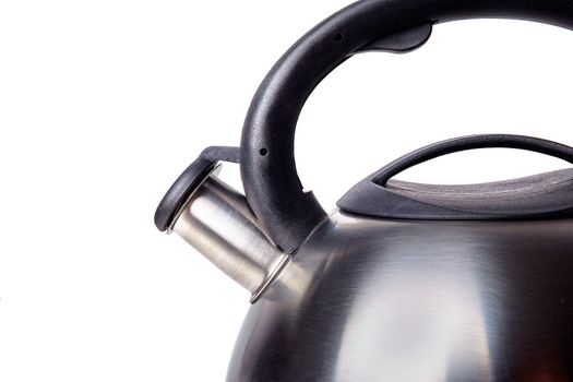 Part of stainless steel teapot close up isolated on white