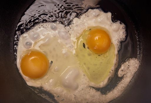 chicken eggs in a cast iron pan close-up, breakfast, two eggs with yellow yolks are fried on the stove