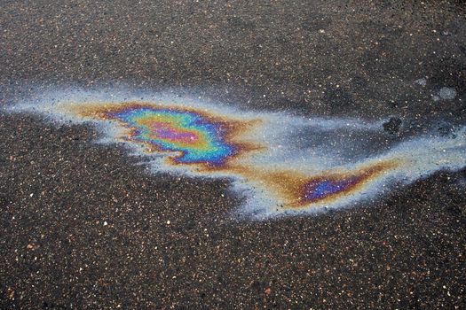 Beautiful abstract colorful background, texture, stains from engine oil on the asphalt.Colorful gas stain on wet asphalt