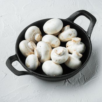 Mushroom champignon set, in cast iron frying pan, on white stone surface, square format