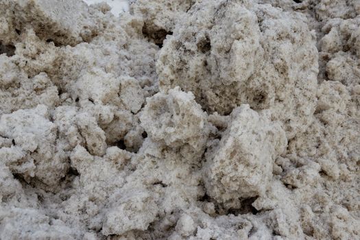 Texture of caked thawed dirty snow. Dirty snow. The concept of snow removal.