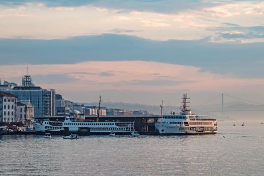 istanbul,turkey-april 14 2021.Ferries and boats are the symbols of urban transportation in Istanbul.