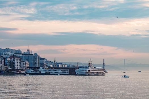 istanbul,turkey-april 14 2021.Ferries and boats are the symbols of urban transportation in Istanbul.