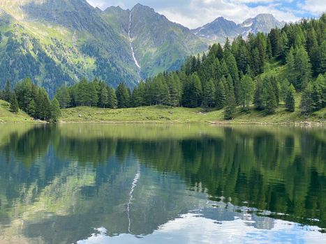 Duisitzkarsee Lake in Austria.The Duisitzkarsee is probably one of the most beautiful mountain lakes in the Schladminger Tauern.The place without  tourists after the coronavirus pandemic.