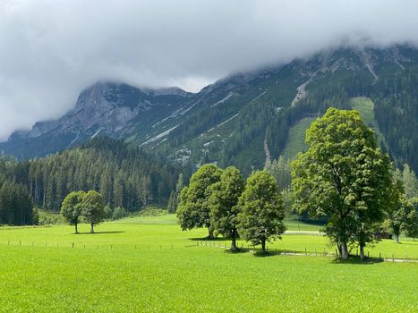 Landscape in Ramsau am Dachstein, Austria. This wonderful area of alpine pastures at the foot of the imposing south wall of Dachstein offers many hiking and amazing lookout points.