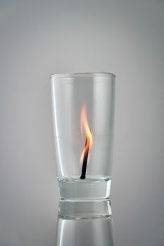 Fire from a burning match in a transparent glass. Concept, symbol