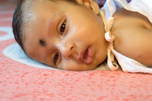 Close up face of cute newborn baby boy Lying On Front. One month old Sweet little infant toddler Closeup portrait. Indian ethnicity. Front view. Child care peace tranquil background.