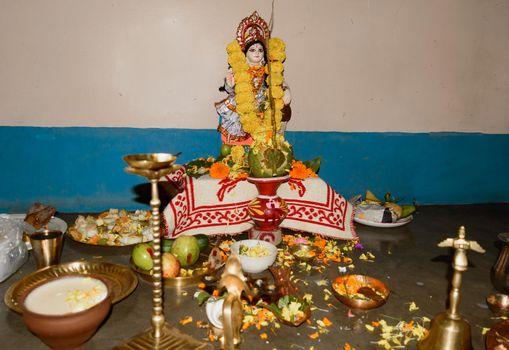 Vasant Panchami or Sarasvati Puja in honor of Saraswati, goddess of knowledge, language, music and all arts. Its is also a festival celebration for arrival of spring. Kolkata, India, 16 February 2021