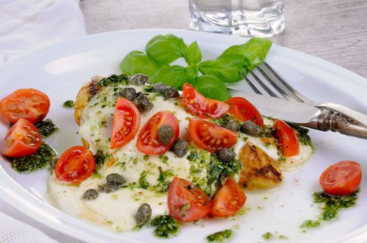 grilled chicken breast  topped with melted mozzarella cheese, basil  pesto, tomato  and caper