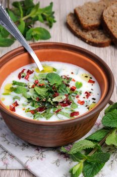 Refreshing сold summer soup the rice, mint and yoghurt, spices.  