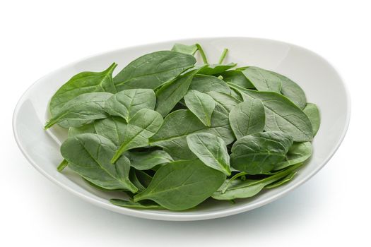 Mound of fresh green spinach in the white bowl