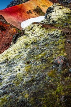 Unearthly patterns, curvy lines and magic colors. Iconic colorful rainbow volcanic mount in Landmannalaugar mountain region in Iceland as a background for design