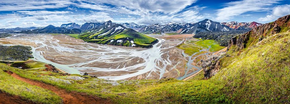 Panoramic landscape view of colorful rainbow volcanic Landmannalaugar mountains, volcanoes, lava fields, crater, water streams and floods at blue sky with clouds, Iceland, summer