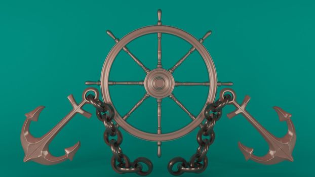 3d render anchor and ship wheel with green blue color background image.