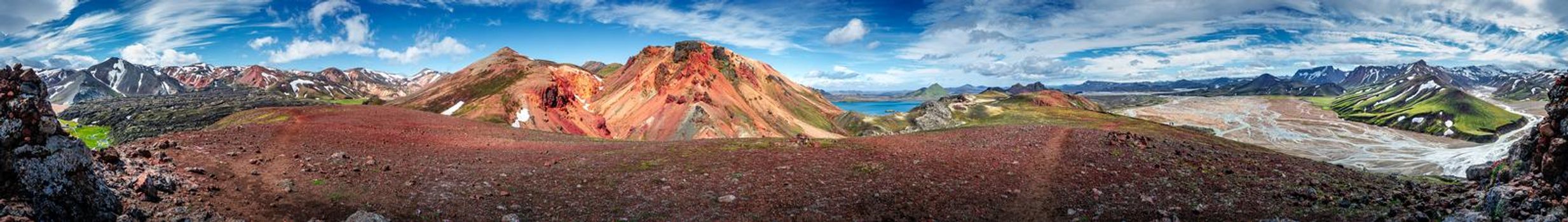 Panoramic 360 degrees landscape view of colorful rainbow volcanic Landmannalaugar mountains, volcanoes, lava fields and campsite at blue sky, Iceland, summer